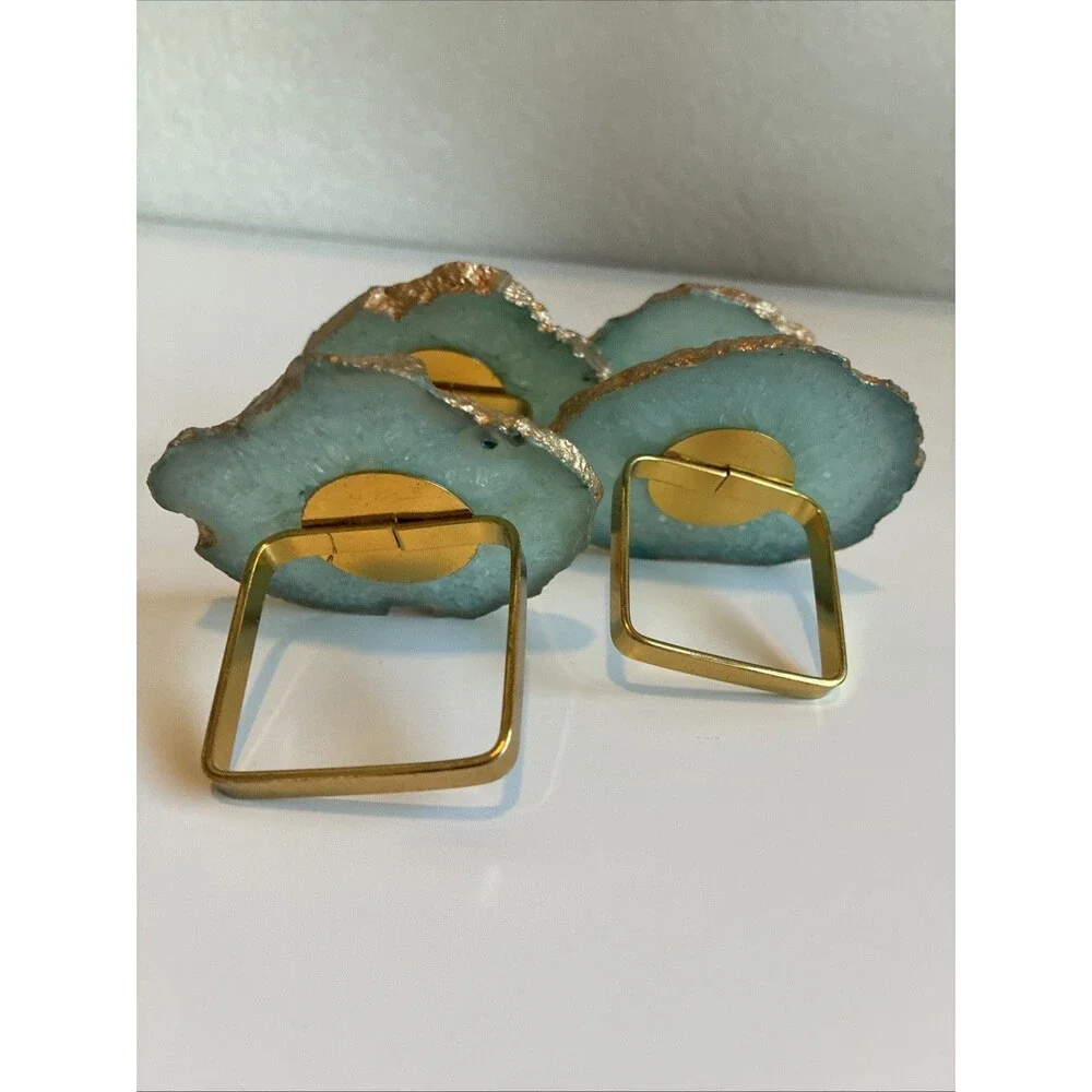 Set Of 4 Copper Dinner Napkin Rings Agate Stone Natural Geode Rock Mineral